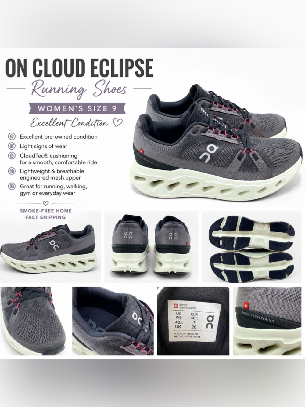 On Running Cloud Eclipse Women's Running Shoes — Gray/White